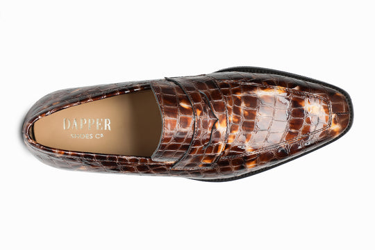 Handcrafted chisel toe loafer in Tan Brown Crocodile Embossed Patent, made to order