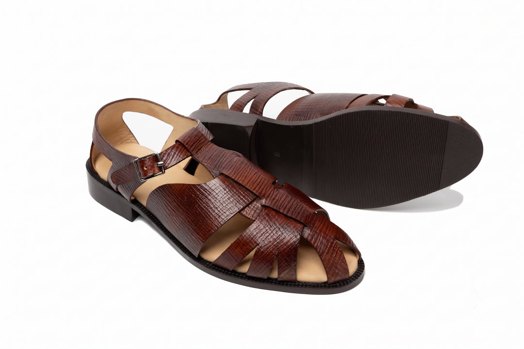 Fisherman Sandal in Tan Hatch Grain leather - angled view