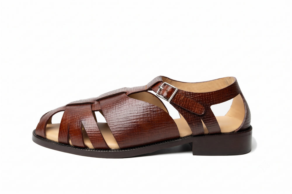 Fisherman Sandal in Tan Hatch Grain leather - side view