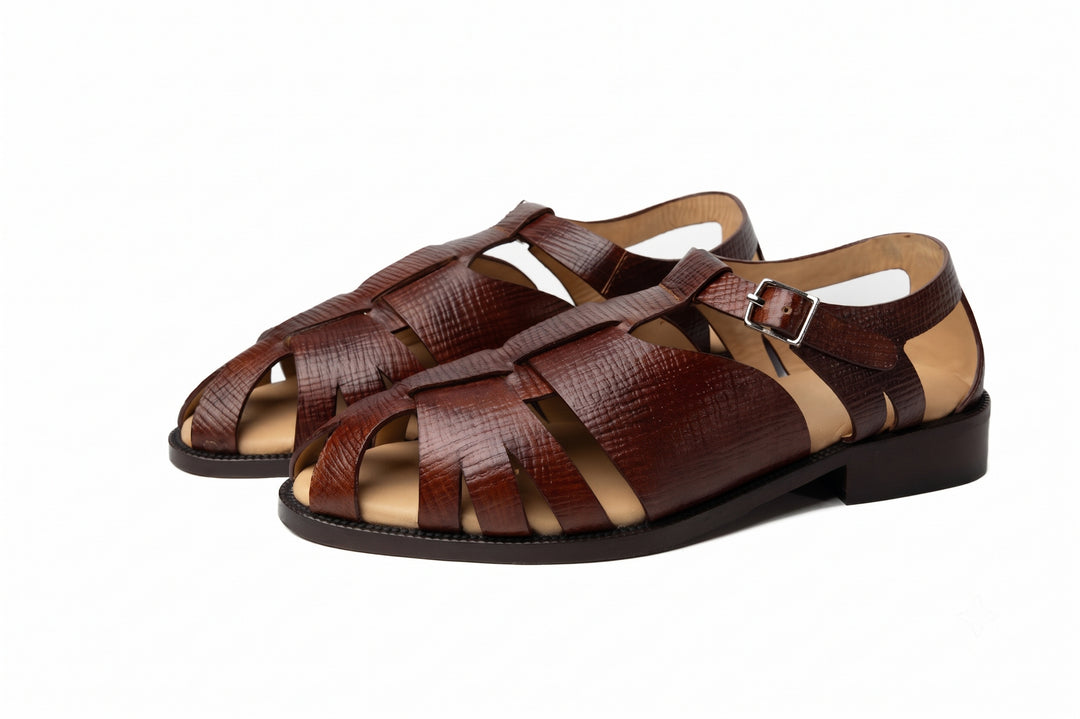 Fisherman Sandal in Tan Hatch Grain leather - front view