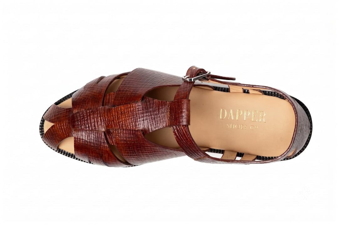 Fisherman Sandal in Tan Hatch Grain leather - top view