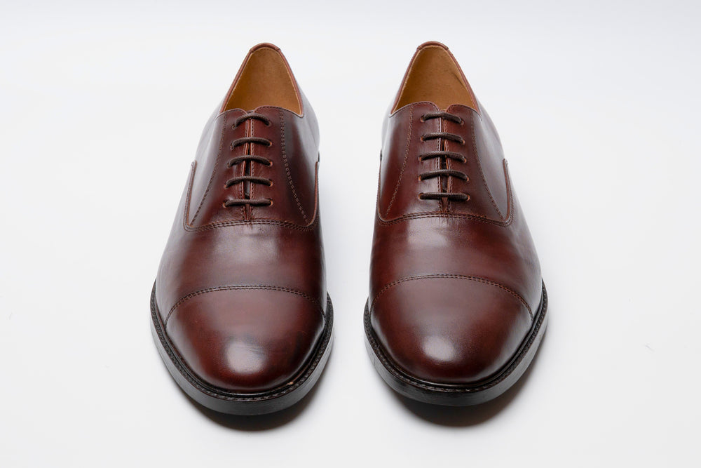 Brown cap toe Oxford — side profile — handcrafted leather shoes India