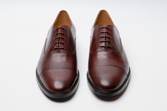 Brown cap toe Oxford — side profile — handcrafted leather shoes India