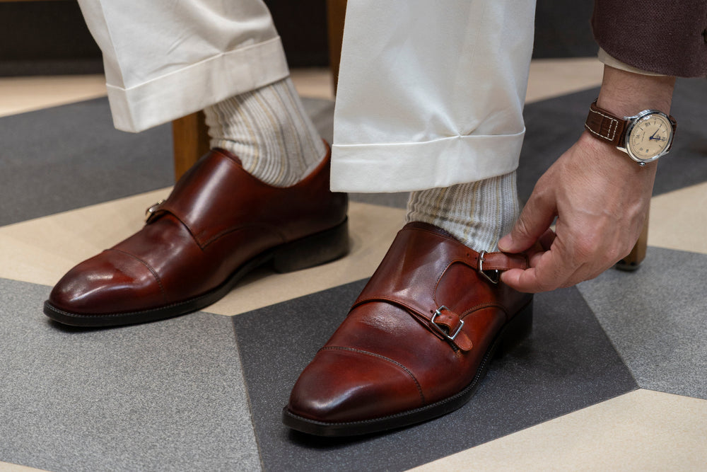 Cap Toe Double Monkstrap Leather Shoes - Cognac