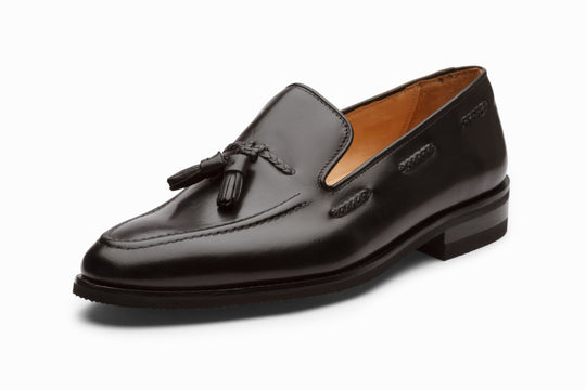 Black leather tassel loafer — tassel detail closeup — Dapper Shoes Co.