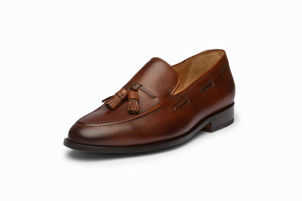 Brown leather tassel loafer — tassel detail closeup — Dapper Shoes Co.