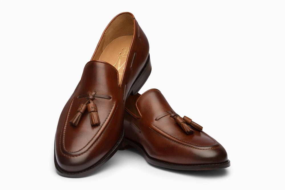 Brown leather tassel loafers — side profile — handcrafted in Delhi