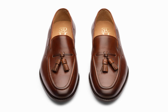 Brown tassel loafers — three-quarter view — Dapper Shoes Co.